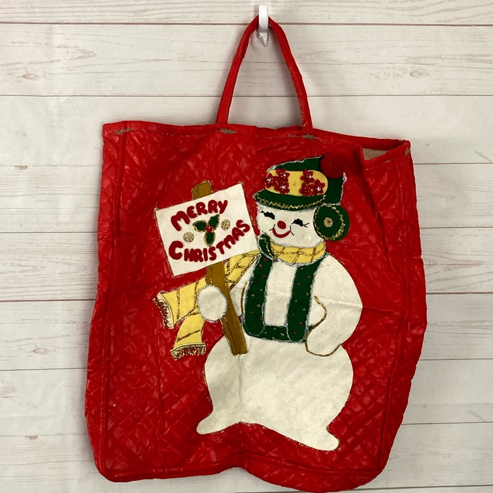 Vintage Red Quilted Handmade Bag with Felt Snowman appliqué and Embellishments